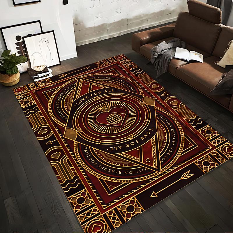 Geometric Pattern Carpet with "Love for All" Text, Red and Gold Design Suitable for use as an anti-slip for living room bedroom sofas