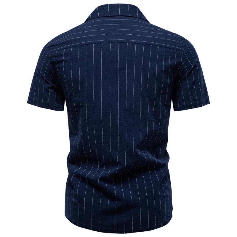 2026 Summer High-Quality Cotton Cuban Collar Vertical Stripe Shirt for Men, Business Casual Men's Short Sleeve Shirt