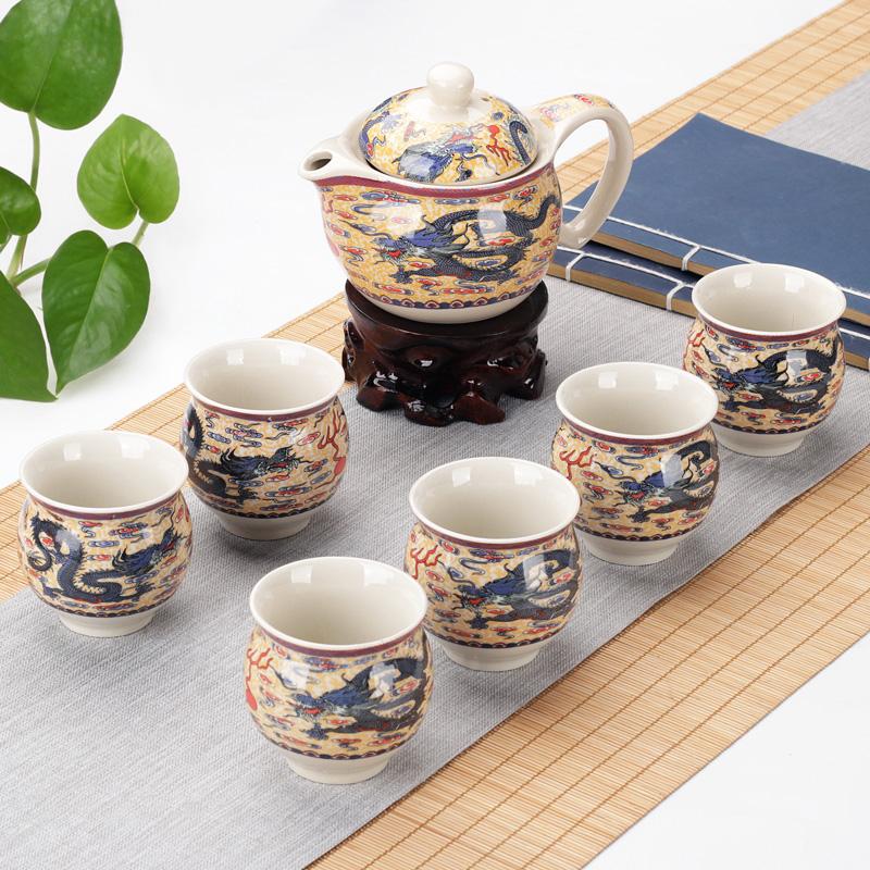 

Chinese Ceramic Tea Pot and Cup Set Home Double Layer Anti-scalding Teacup Wedding Tea Set Gifts Tradition Tea Ceremony Supplies Seven-piece Set