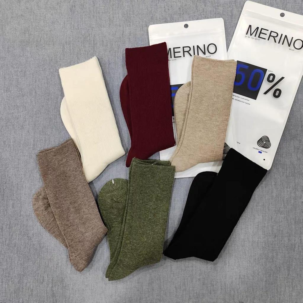 Women's 80% Merino Wool Knee-High Socks, Double-Needle College Style, Slouchy, Warm for Autumn/Winter, Solid Color.