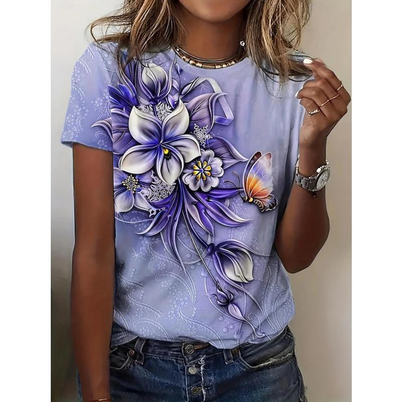 Women's T-shirt 3D Floral Print Short Sleeved T-shirt for Summer
