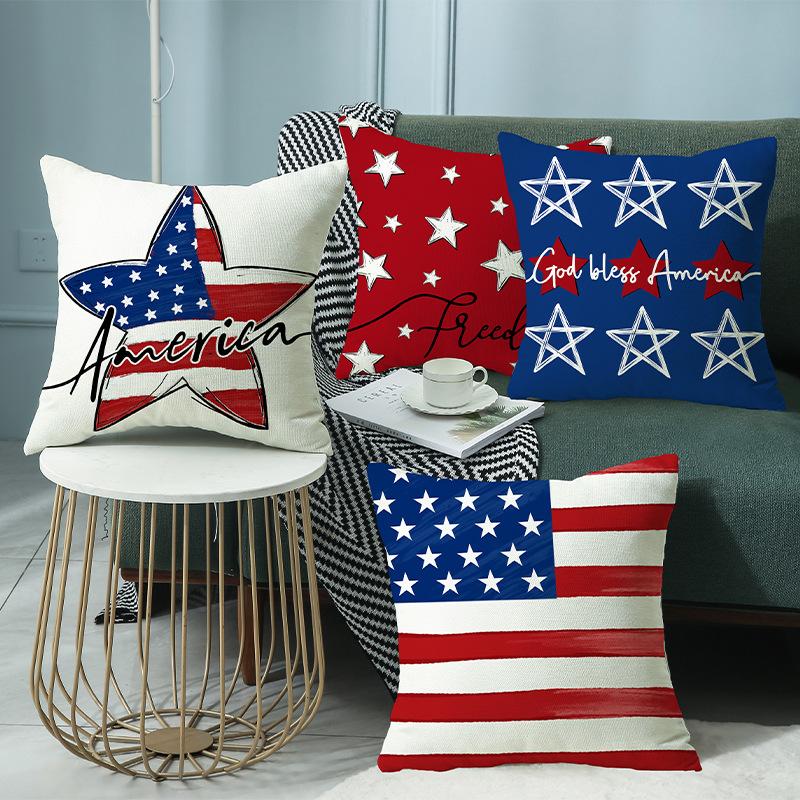 Suministros de Decoración para el Hogar Funda de Cojín de Lino Día de la Libertad Estampado de Texto Pentagrama Funda de Almohada para Sofá