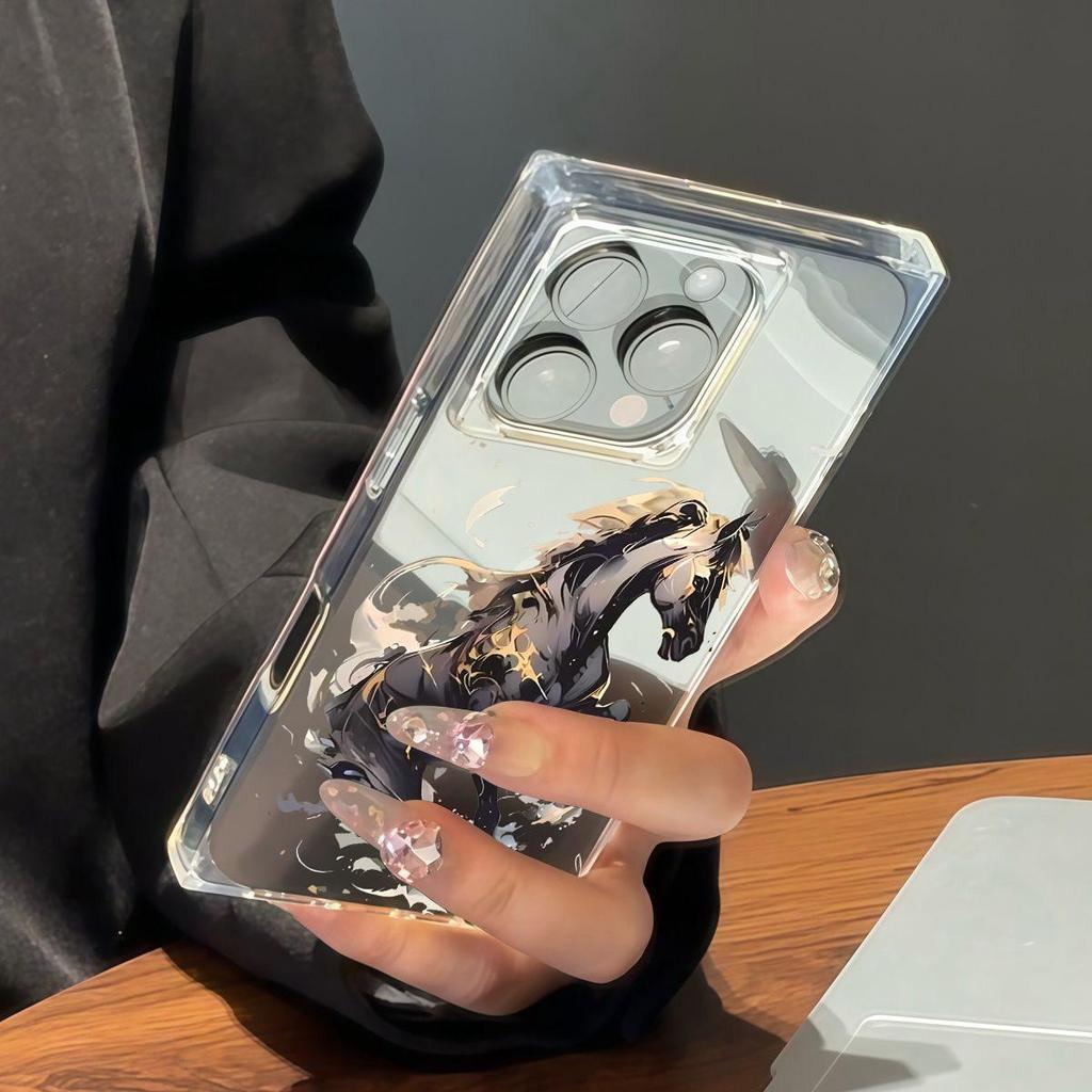 Transparente Quadratische Rückseite Röhrenhülle Schutz für iPhone 13 16 ProMax 15 Plus 11 14 Pro Max 12 Anti-Sauerstoff, Galoppierendes Pferdemuster