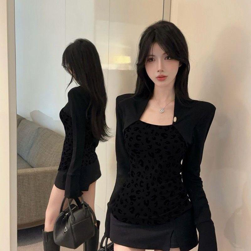 

Leopard Print Faux Two-Piece Square Neck T-Shirt - Women s Long Sleeve Slim Fit, Autumn/Winter Style 3XL