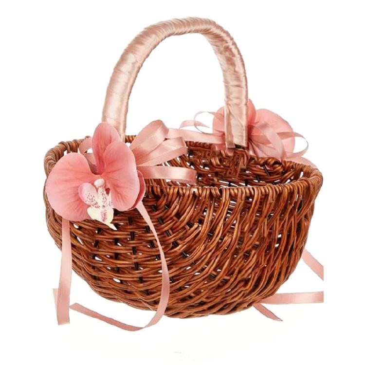 Fashionable Small Wicker Flower Girl Baskets with Pearls Detailing and Ribbon for Wedding Decoration and Candy Storage