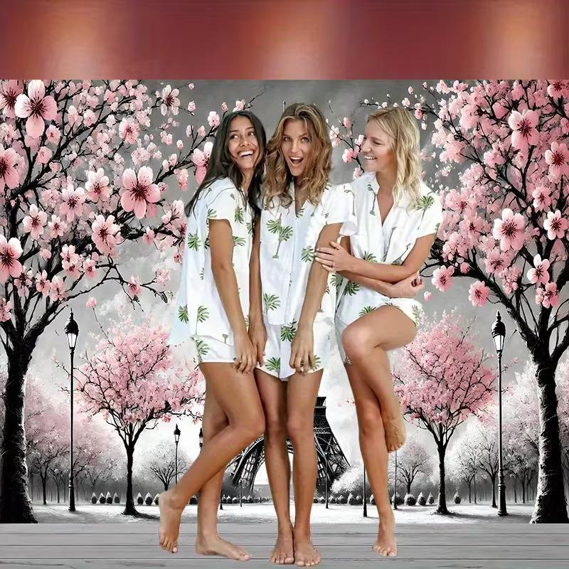 2D Black White Pink Eiffel Tower Cherry Blossom Tapestry for Home Aesthetic Decoration