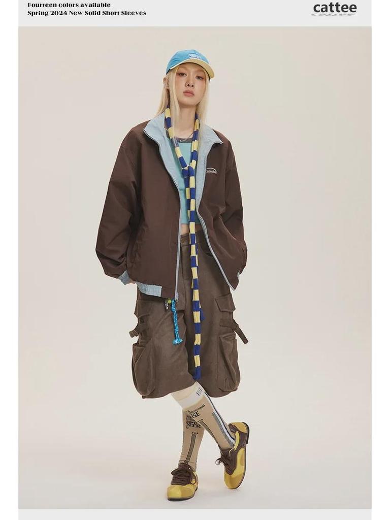 CATTEE Zweifarbige Kontrastjacke mit Stehkragen - Unisex Lässig Frühling/Herbst Lockere Passform