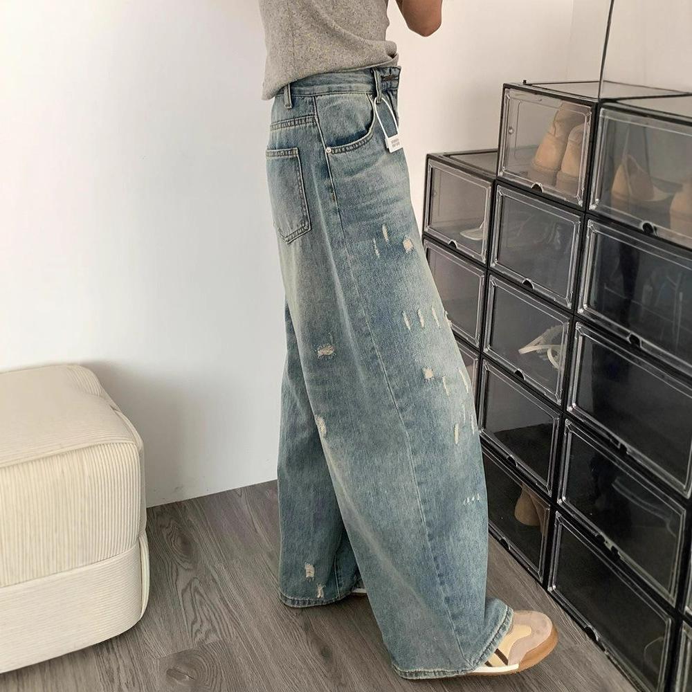 Big Yards Broken Holes High Street Wide Leg Denim Trousers Women High Waist Drape Skinny Dragging Trousers Jeans for Women Long Denim Pants