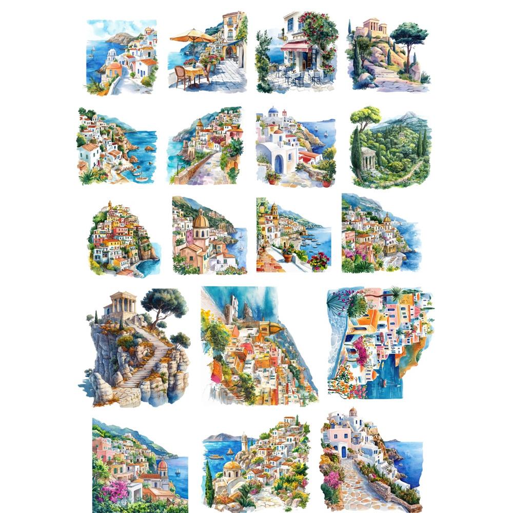 18pcs Anime Watercolor Greek island scenery Paper Stickers, for Luggage, Notebook, Diary, Album Decoration, DIY stationery