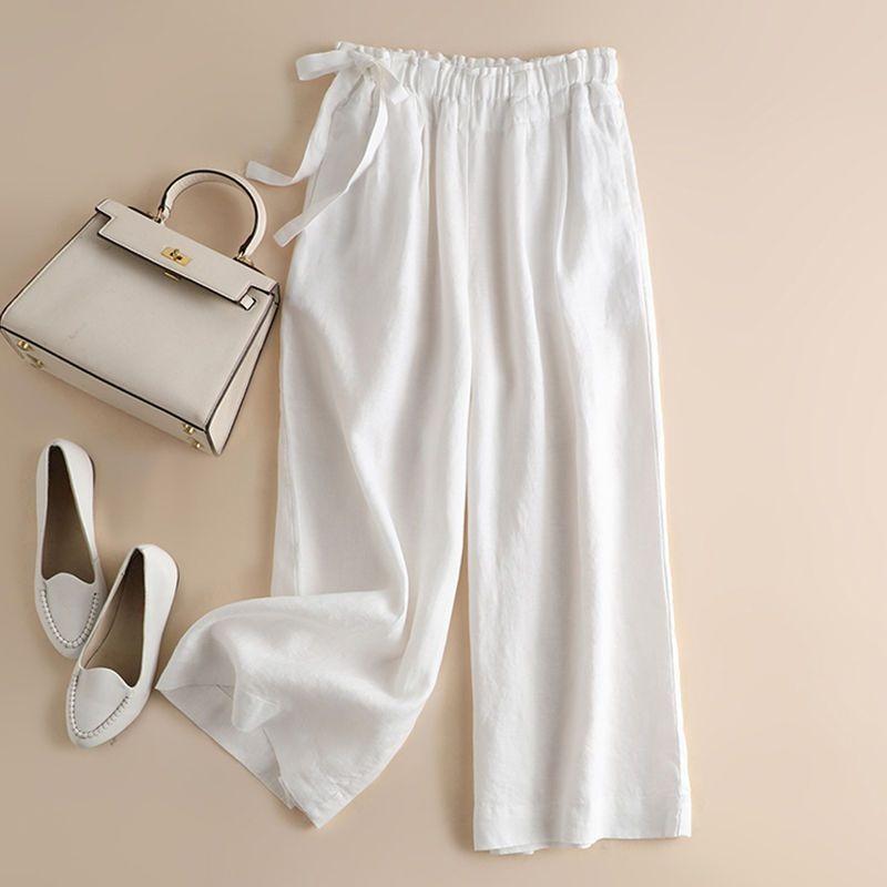 Women's Summer High Waist Wide Leg Pants Elastic Side Tie Casual Cropped Trousers