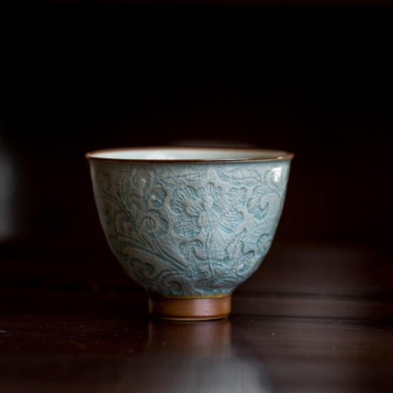 2pc/lot Ice Cracked Glaze Relief Entangled Lotus Teacup Tea Bowl Cup For Tea Tea-tasting Personal Cup Chazhan Master Cups 95ml