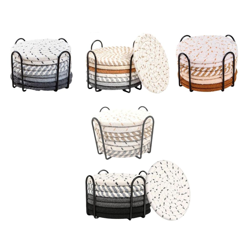 8x Drink Coasters with Holder for All Cups Woven Coasters for Home Decor Desk Dining Room Living Room Housewarming Hostess Gifts