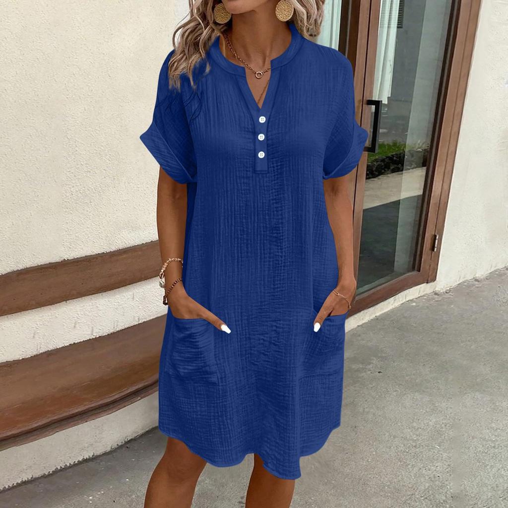 Damen V-Ausschnitt Knopf Kurzarm Kleid mit Taschen Lockerer Schnitt Lässiges Leichtes Tunika-Kleid für den täglichen Gebrauch