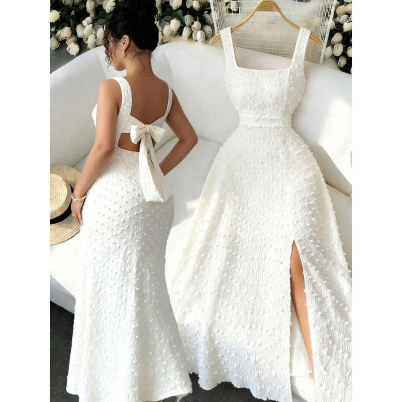 Europe, America 2026 summer new square neck sleeveless back bow strap design dress S абрикосовый