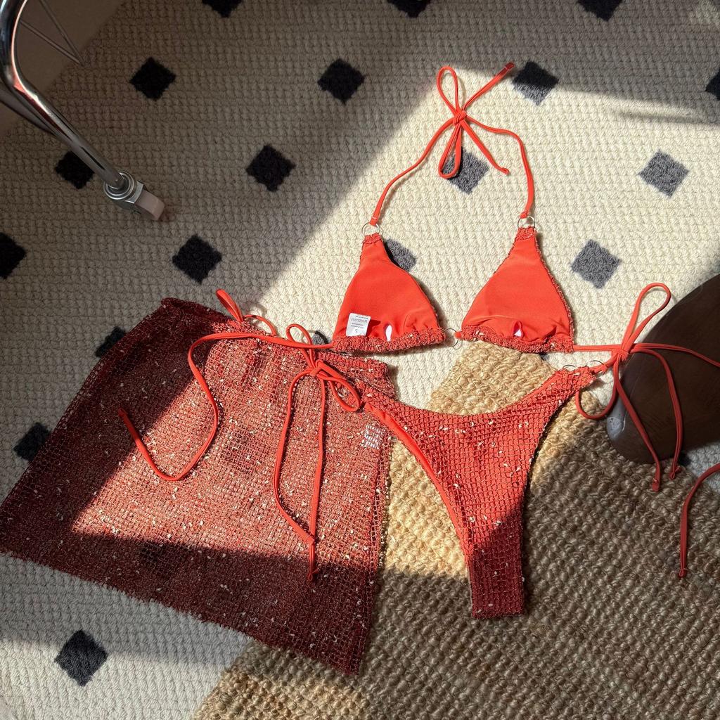 Women's 3 Piece New Glitter Mesh Bikini Set Sexy Halter Tie Triangle Swimsuit Sheer Mesh Mini Skirt Cover Up Summer Beach Swimwear
