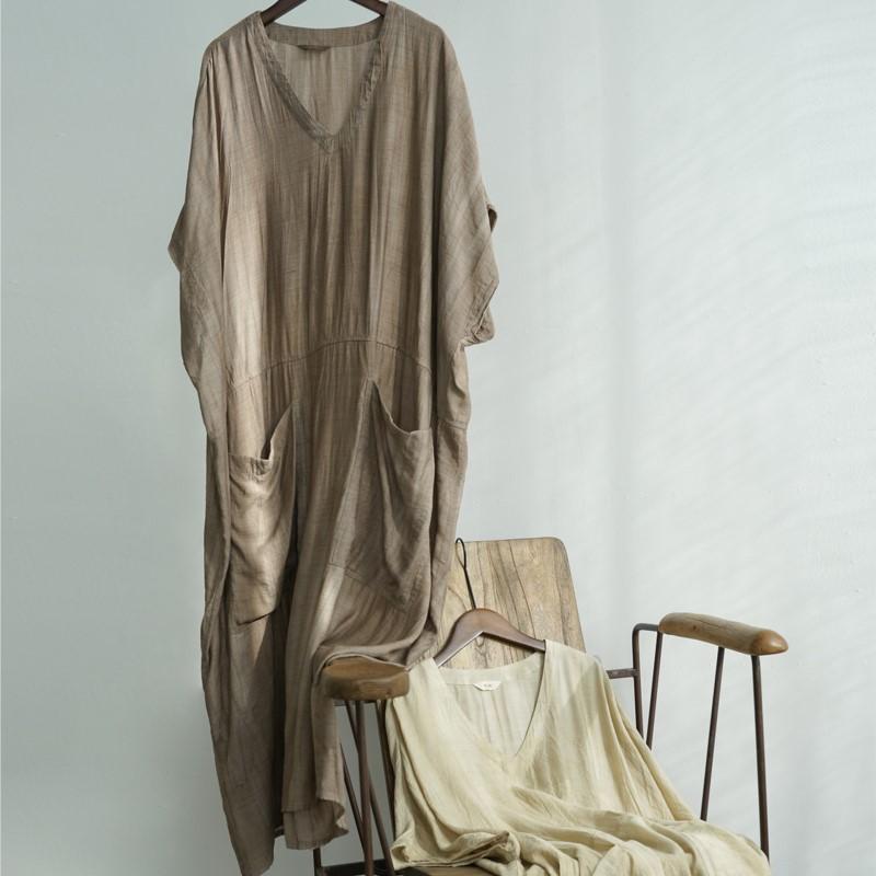 

Johnature Women Vintage Dresses V-Neck Bat Sleeve Solid Color Summer Patchwork Pockets Loose Soft Dress One Size хаки