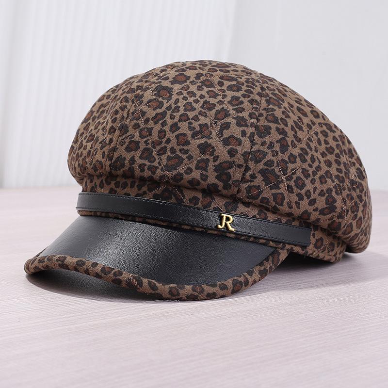 Spice Girl trendy leopard print belt octagonal hat female millennial Spice Girl niche octagonal hat big head circumference showing face small news