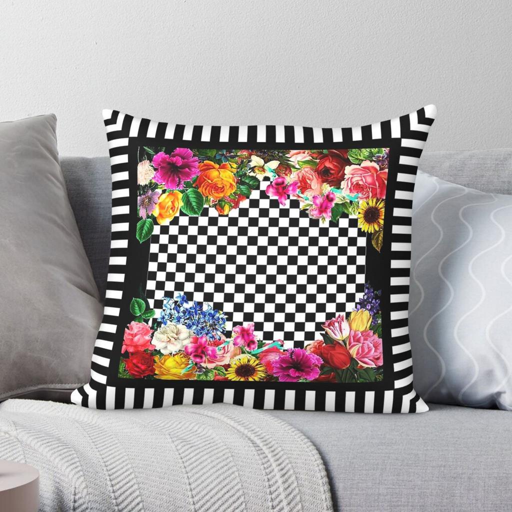 Vintage Floral Checkerboard Square Pillowcase Polyester Linen Velvet Printed Decorative Throw Pillow Sofa Seater Cushion Cover