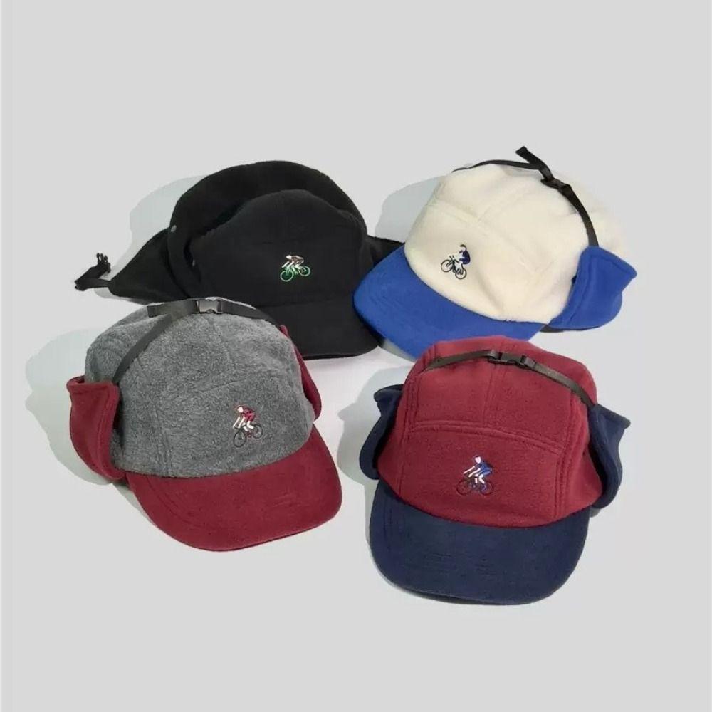 Fashion Patchwork Color Baseball Hats with Ear Flaps Thickened Warm Bomber Cap Biker Hats Autumn and Winter