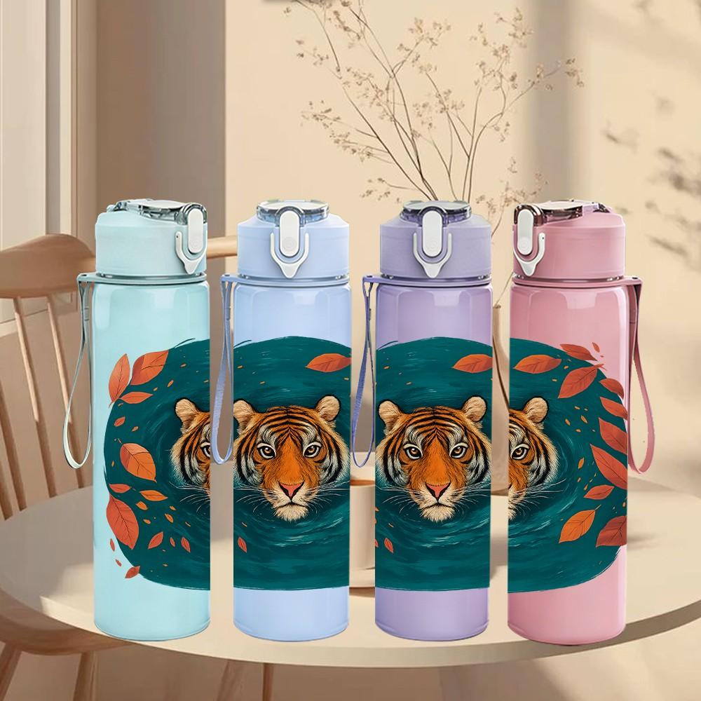 1PC Tiger Head Ethnic Pattern Print 750ml Color Plastic Sports Water Bottle Leakproof Flip Straw Lid Suitable for Sports Office Home Use