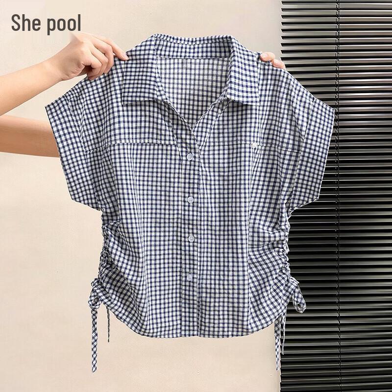 Women s Plaid Short-Sleeve Drawstring Waist Shirt L