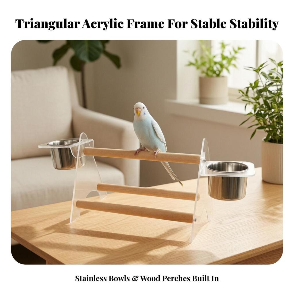 Parrot Play Stand with Cups Wooden Tabletop Bird Perch Compact for Counter