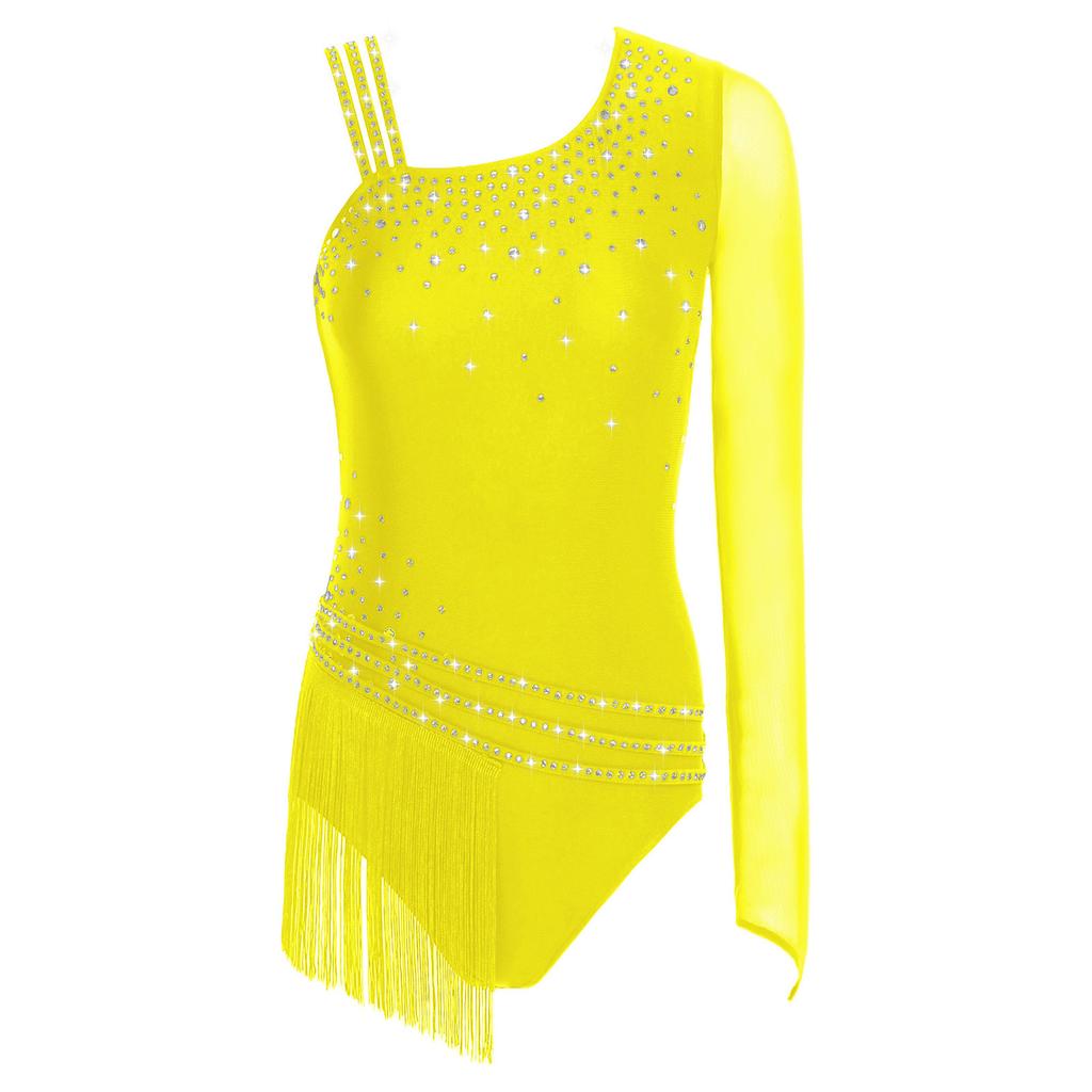 Women Gymnastics Leotard Asymmetric Shoulder Glittery Rhinestone Tassel Fringe Bodysuit Figure Skating Latin Dancewear