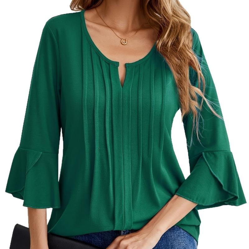 Women S Elegant Casual 3 4 Sleeve V Neck T Shirt With Ruffle Front Pleats