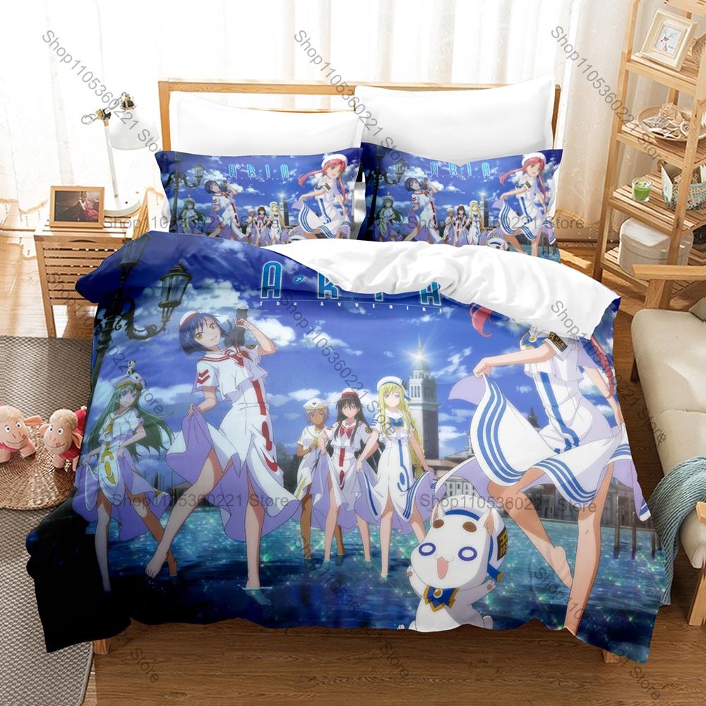 Havalı Aria the Natural Anime Nevresim Takımı + 2 Yastık Kılıfı 3D Şifalı Manga Baskılı Polyester Yatak Takımı Genç Odası Dekorasyonu