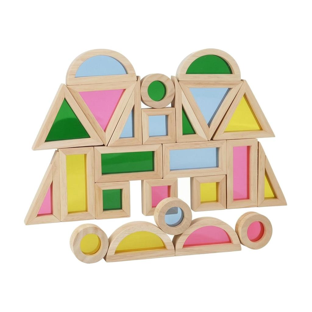24 Pieces Translucent Rubberwood Construction Blocks with Acrylic Panels Solid