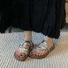 [Lammleder] Damen Hausschuhe tragen ausländischen Stil neuer Sommer silberne Zehensteg Plateau Sandalen Designgefühl Nische