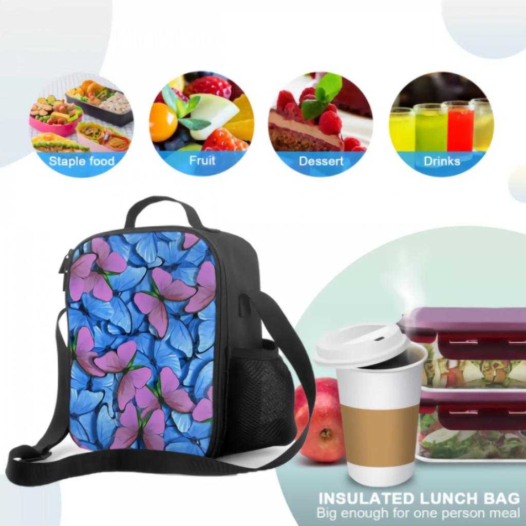 Blue And Pink Butterfly Morpho Insulated Lunch Bag for School Work Picnic Colorful Animal Tote Lunch Box Reusable Cooler Bag