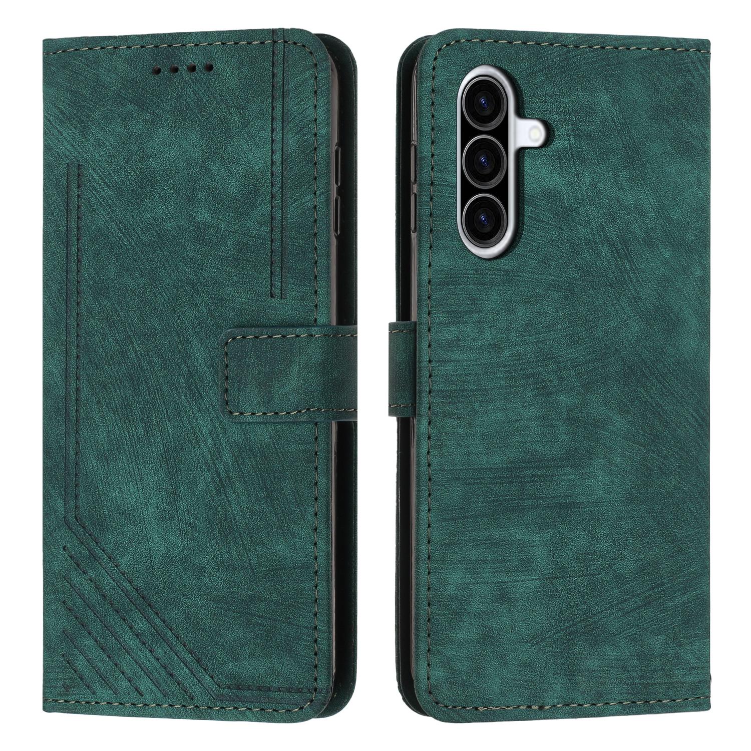 

For Samsung Galaxy A56 5G Case Imprinted Lines Leather Phone Cover Folding Stand Green