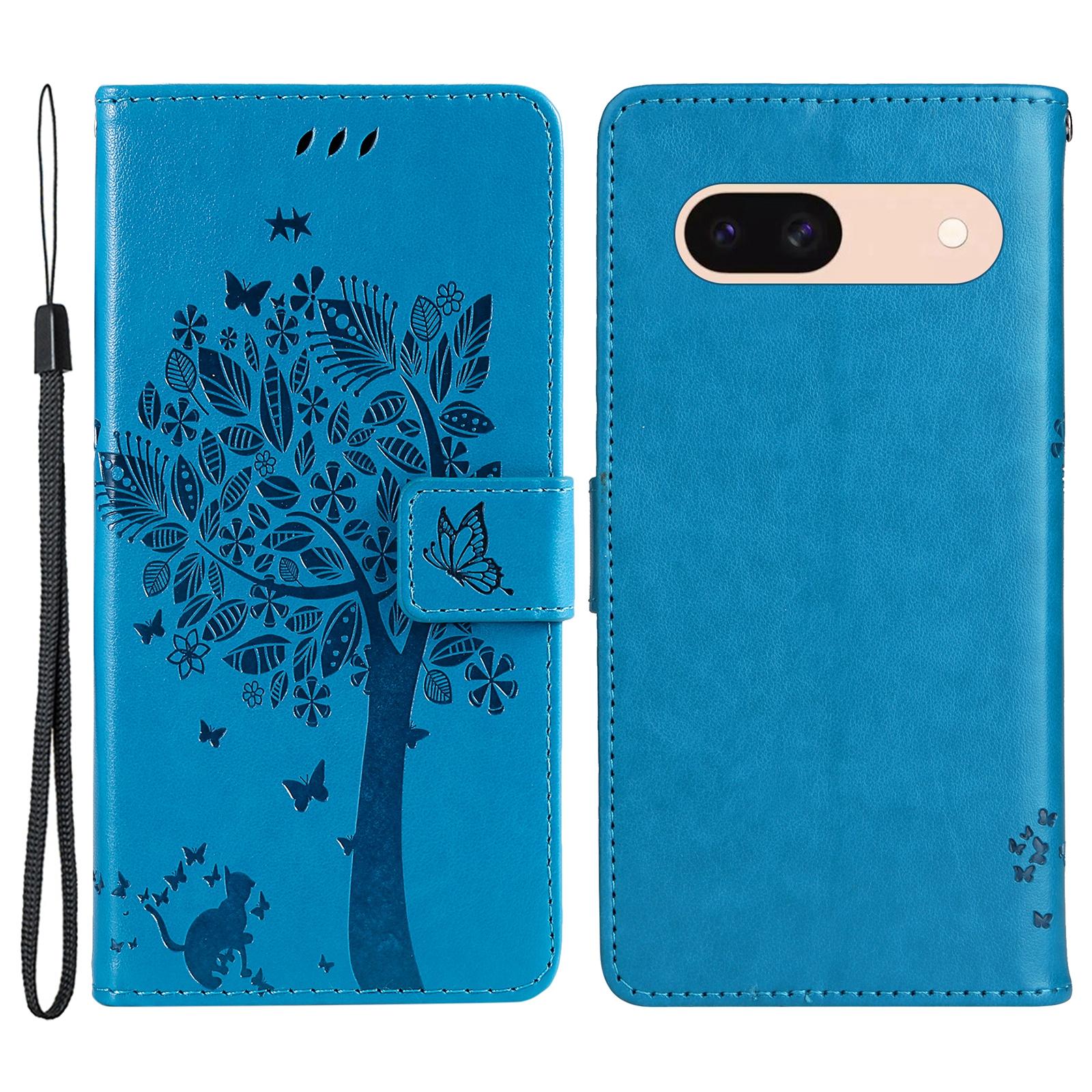 

For Google Pixel 8a Phone Case with Stand Cat Tree Pattern Leather Wallet Mobile Cover Blue