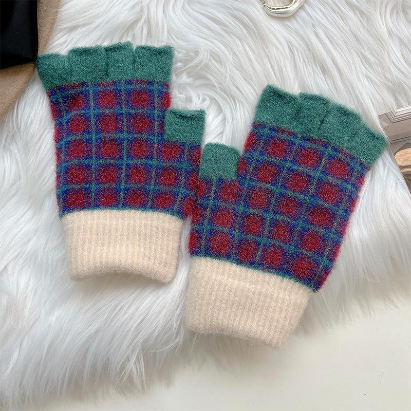 Warm gloves, women's autumn and winter knitted wool, contrasting colors, plaid, velvet, half fingers, half fingers, half fingers, students