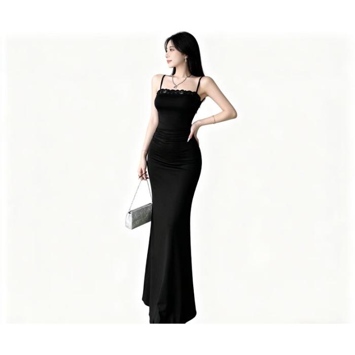 French Celebrity Lace Splicing Suspender Dress Women Skinny Waist Pinched Spice Girls Date Wear Long Dress Outside