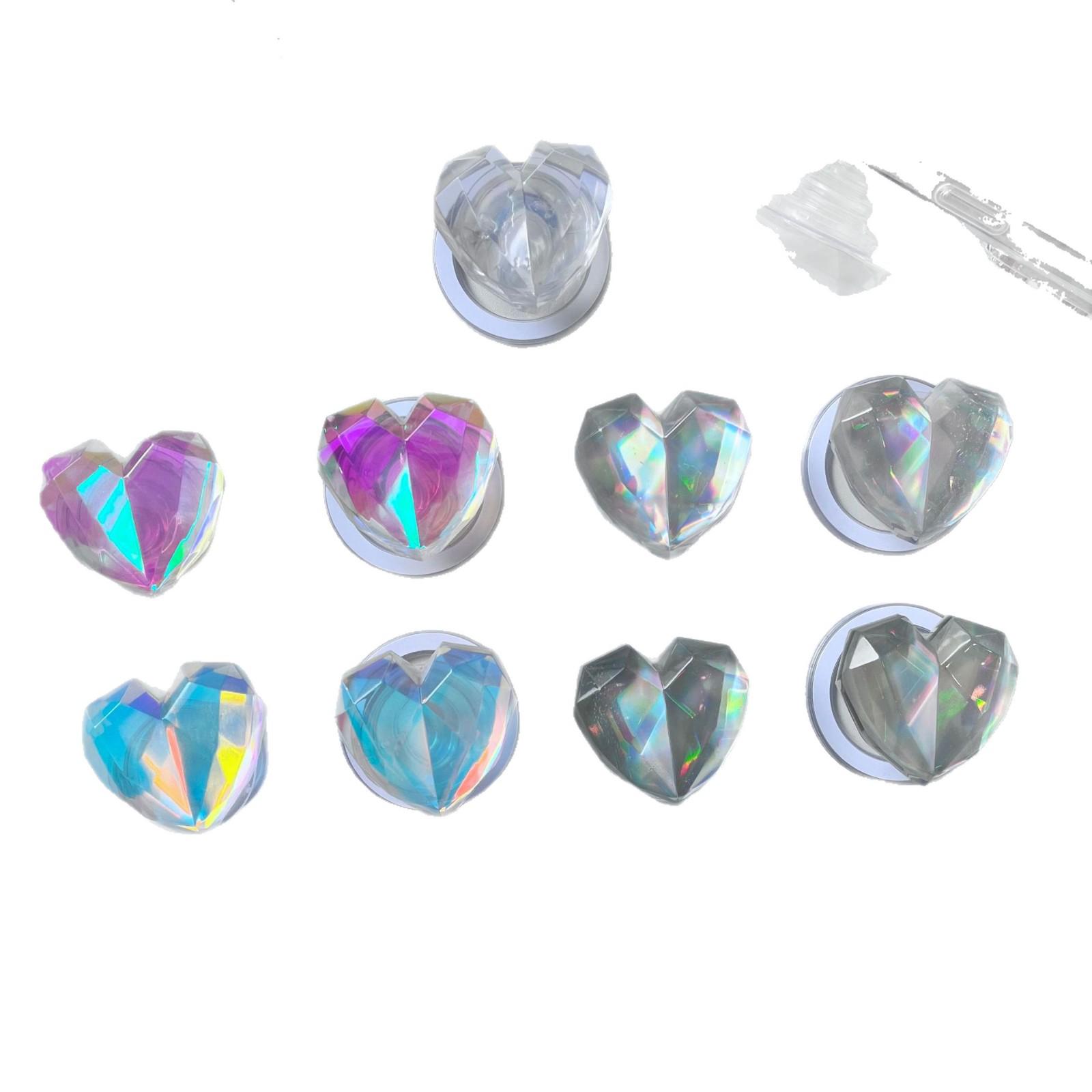 Korean Iridescent Heart Phone Holder: Magnetic 3D Retractable Stand for Easy Viewing Transparent Geometric Heart Large - Blue Light