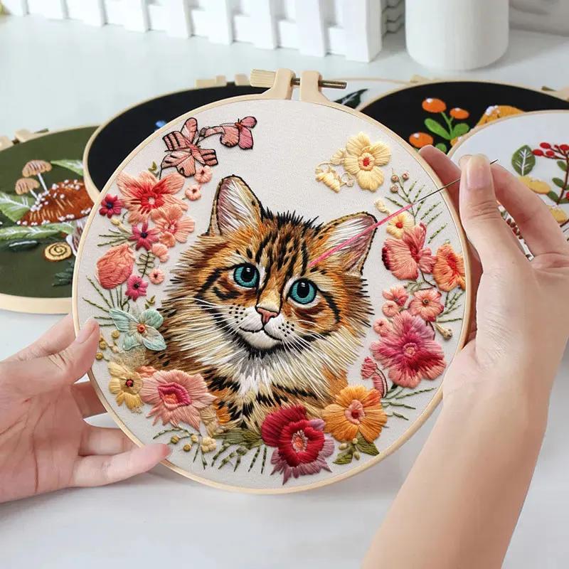 DIY Cat and Flower Embroidery Kit for Adults and Beginners Handmade Cross Stitch Kit Mixing Colors Fabric Materials