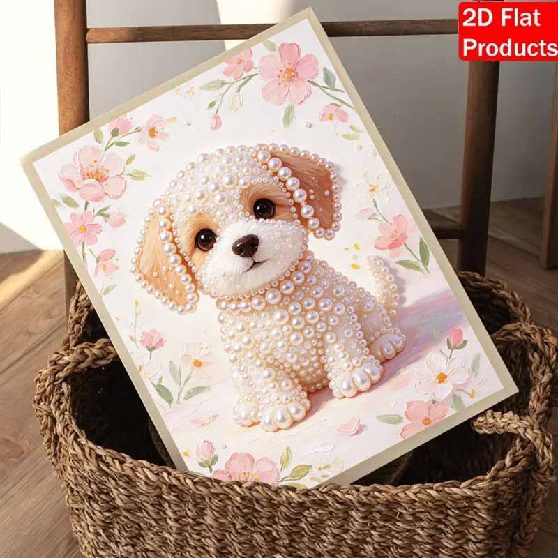 Gerahmtes Perlenmalerei-Set Niedlicher Welpe Blumig DIY 3D Perlen Leinwandkunst Kreatives Freizeit-Basteln Heimdekoration Wandbehang Dekoration Geschenkidee