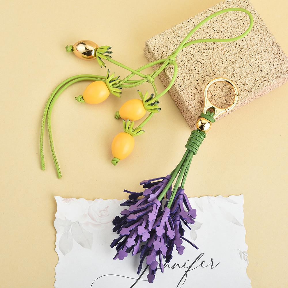 Leather Bag Charm With Lavender Flowers Handcrafted For Winter Fashion Accessory