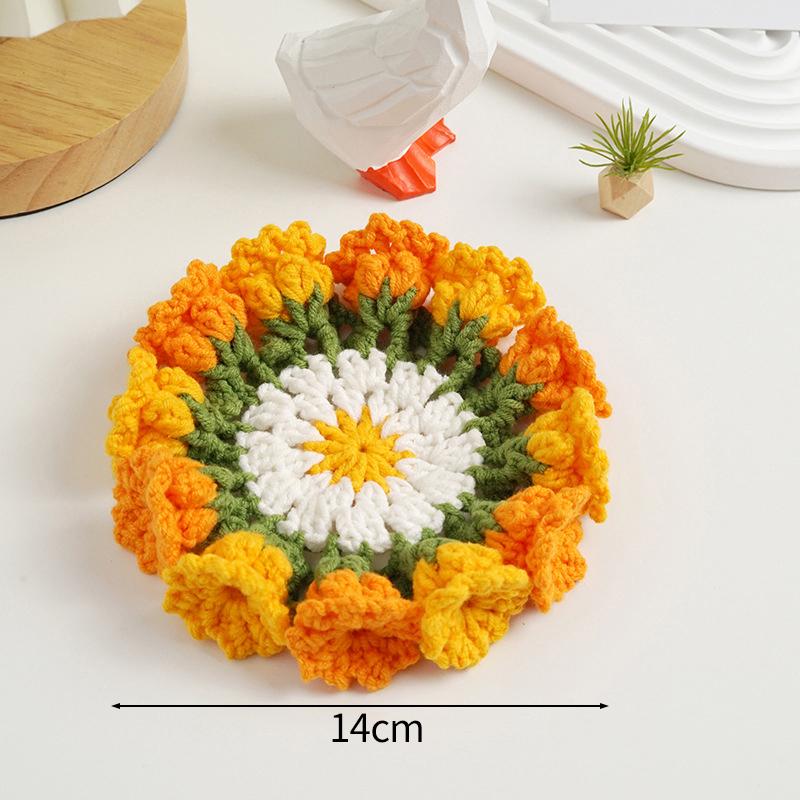 Cute Crochet Coasters Flower Potted Plant Crochet Cup Mat Sunflower Rose Flower Coaster for Home Office Decor Housewarming Gift