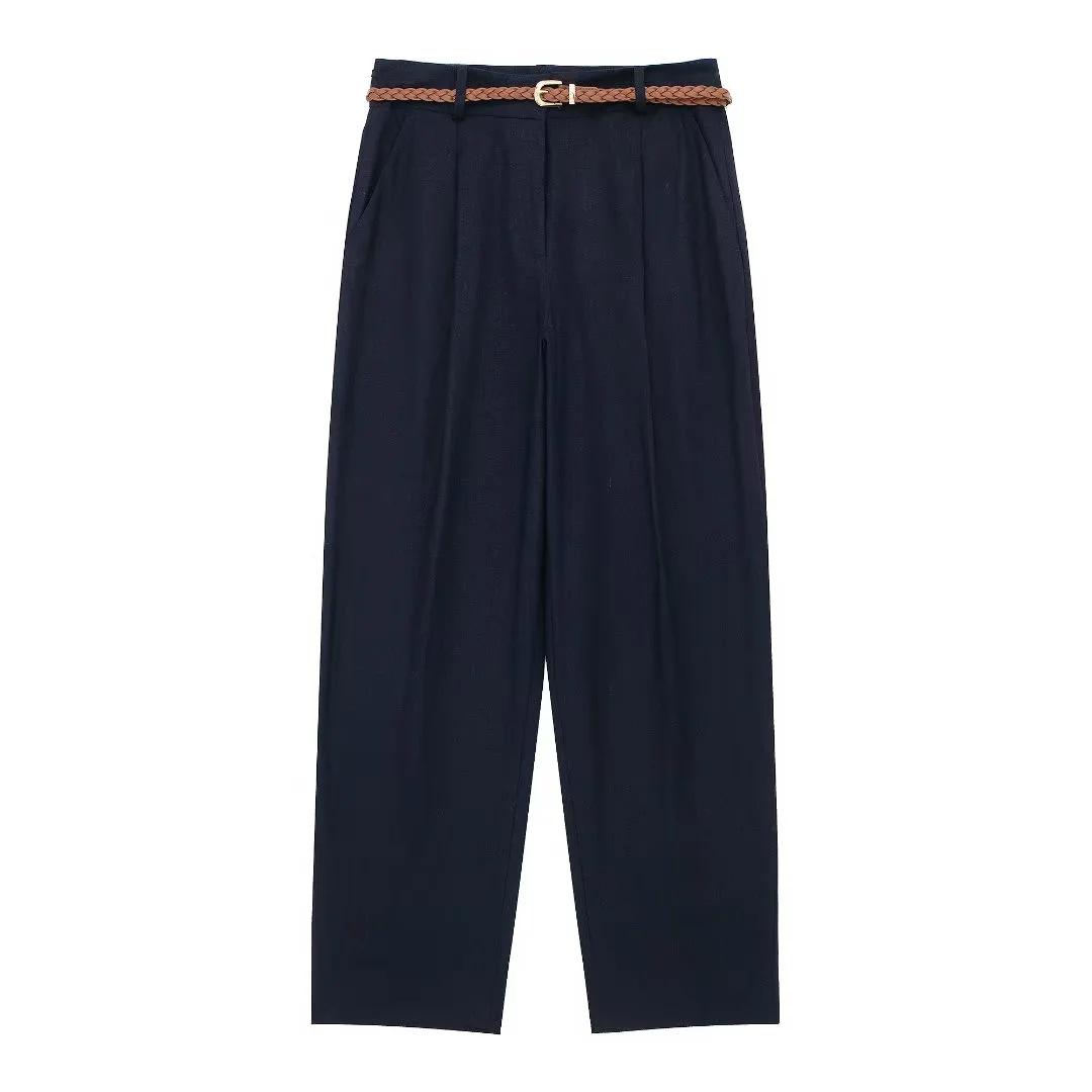 

Летние 2024 г. Женские прямые брюки в европейском и американском стиле из льняной смеси с высокой талией в стиле ретро Extra Small