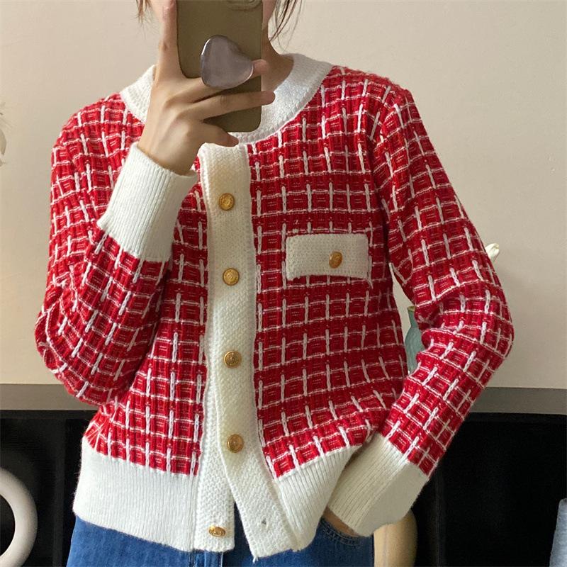 Retro contrasting color round neck plaid small fragrant knitted sweater cardigan autumn and winter fashion gentle wind sweater women's coat top