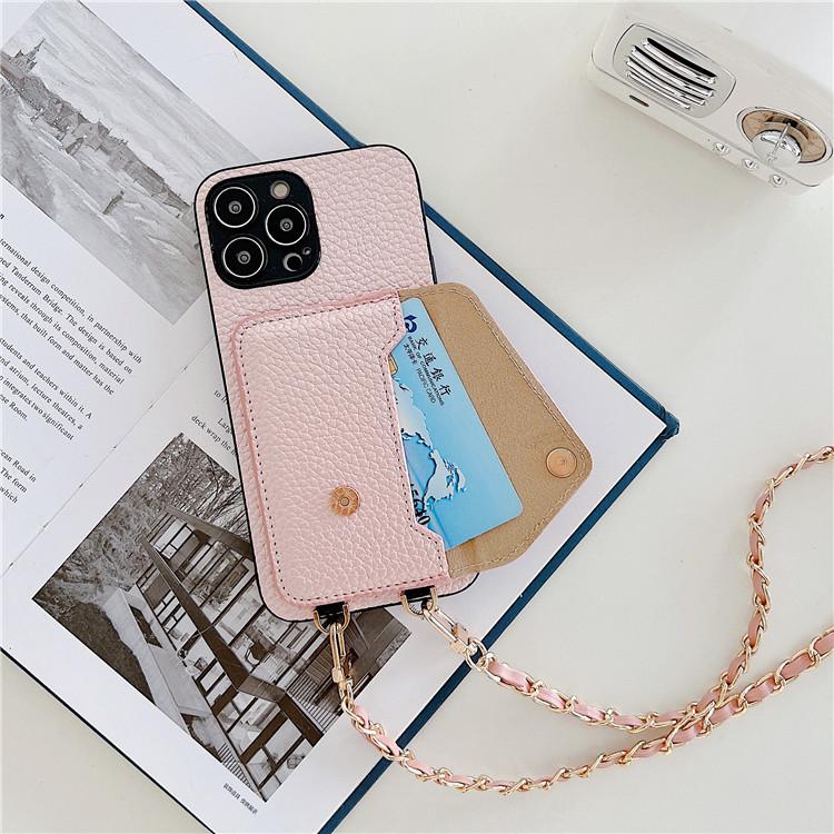 Applicable To Iphone14 Crossbody Chain Card Case, Mobile Phone Case 16E Lychee Pattern Card Case 13promax Protective Case 12