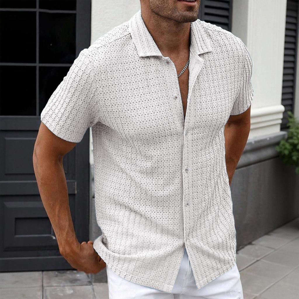 Men's Casual Short Sleeve Shirt Button Down Lightweight Knit Fabric Open Collar Summer Top Comfortable Fit