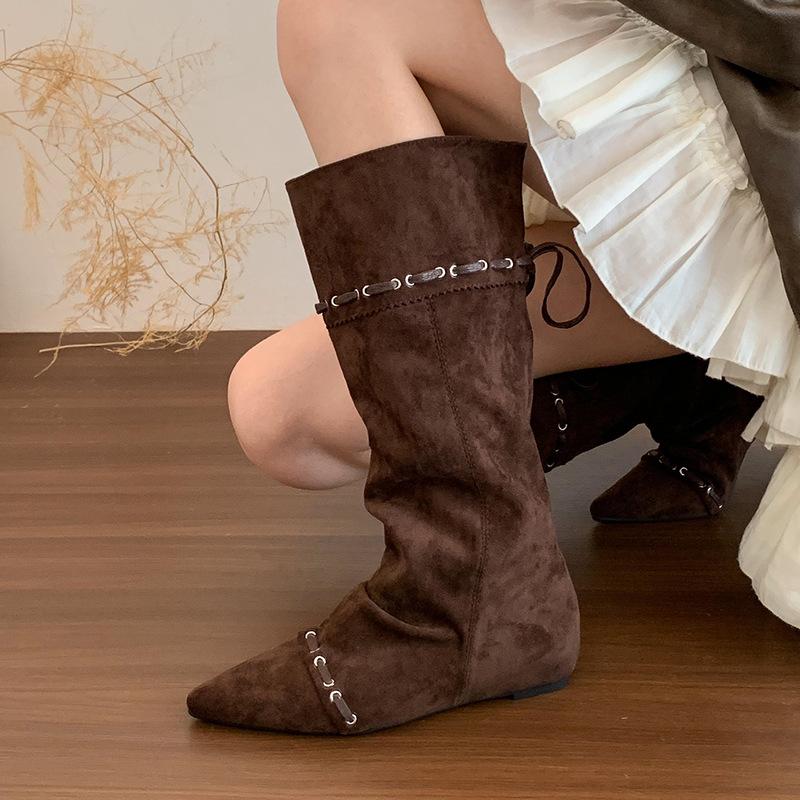 Wasteland Wind Pointed Inner Height Increase Boots Children 2025 New Summer and Autumn Thin Western Cowboy Pile Middle Boots
