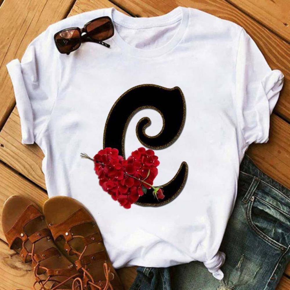 

Rose ABC Alphabet Graphic Print White Tee Women Casual Loose Oversize Shirt Top Daily Wear Durable Plus Size Short Sleeve S