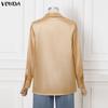 VONDA Elegant Women Pleating Lapel V Neck Long Sleeve Buttons Up Casual Office Shirts Blouse