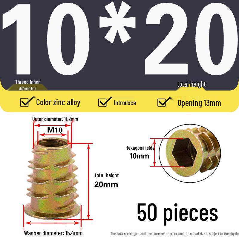 Zinc Alloy Hex Self-Tapping Nut with Washer for Furniture, Internal/External Thread, Medium Wood, Sizes M4-M8.