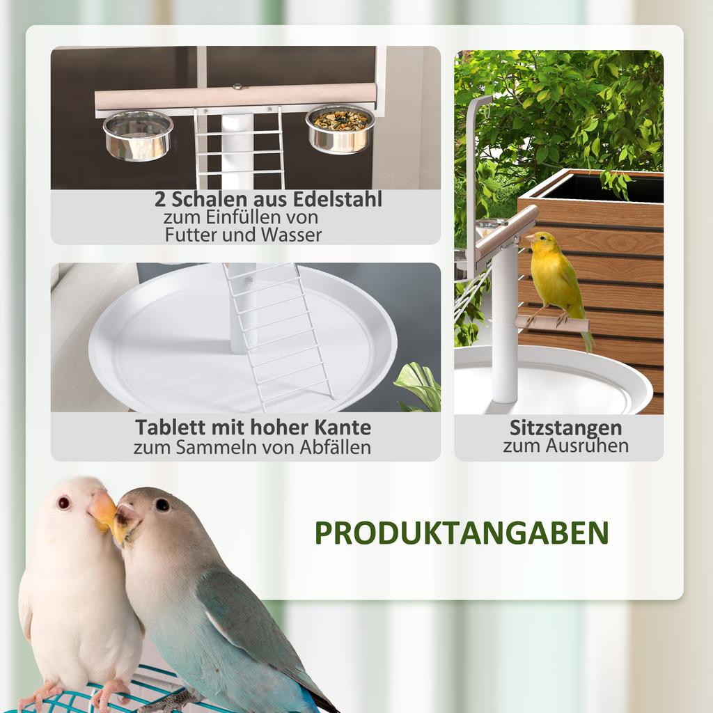 Bird Stand with Four Wheels, Perches, Stainless Steel Feed Bowls, Round Tray, for Garden, Indoor, Outdoor - White